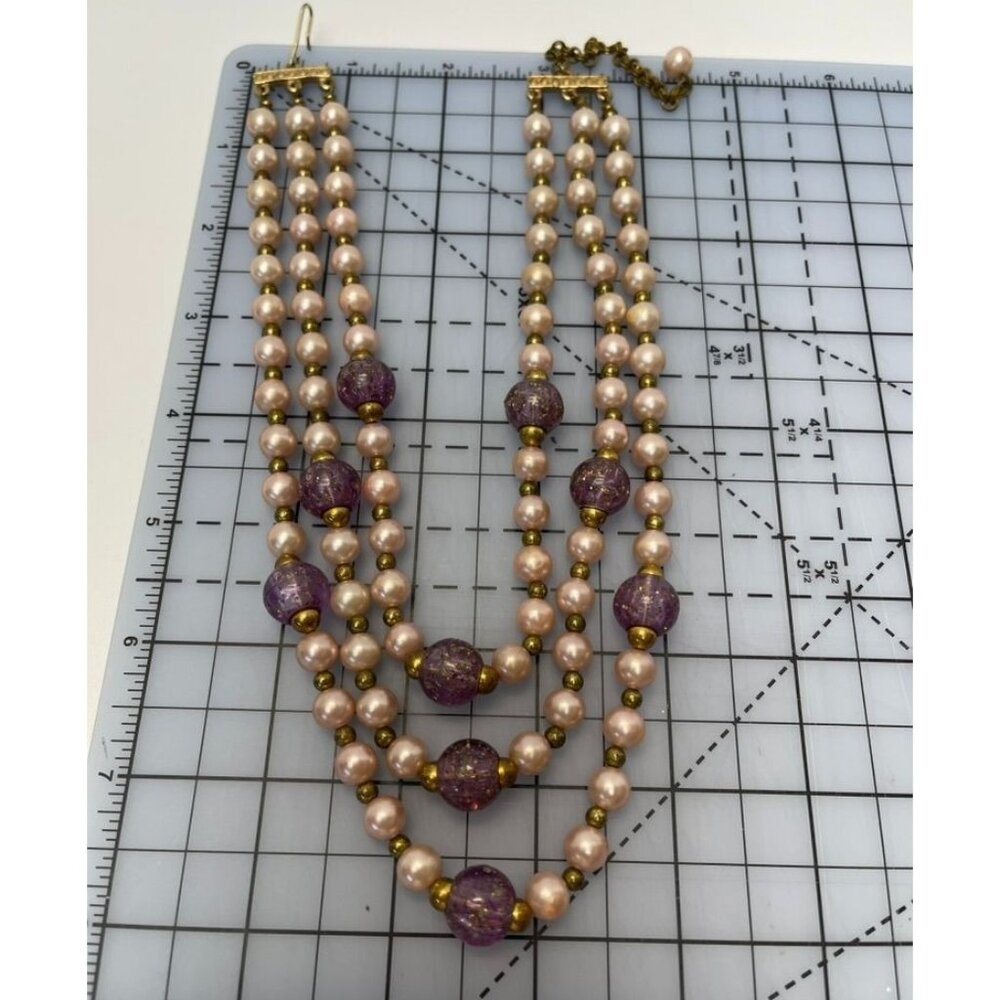 Vintage Signed REINAD Multi Strand Faux Pearl Necklace Champagne Beige Purple - Picture 2 of 4